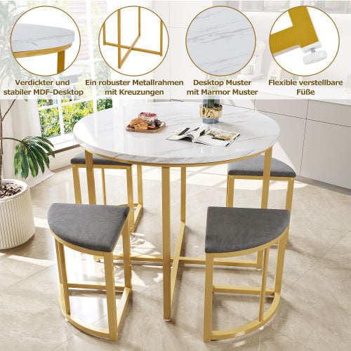 5-Piece Dining Set Marble Effect Table & 4 Padded Stools Space Saving Dining Set