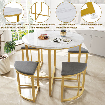 5-Piece Dining Set Marble Effect Table & 4 Padded Stools Space Saving Dining Set