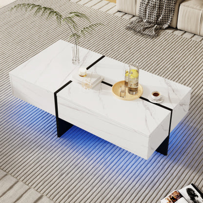 High Gloss Coffee Table, White Marble-Effect Tea Table With Black Detail & Hidden Storage
