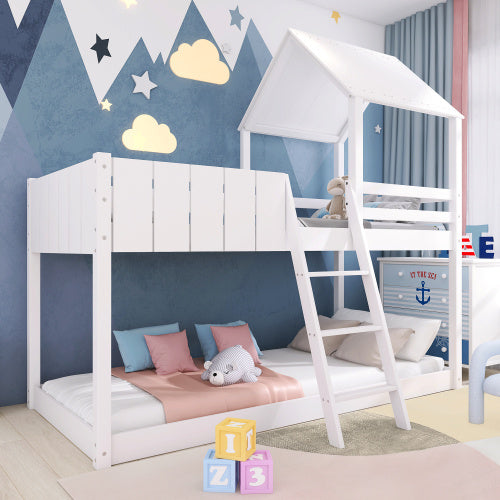 Children's Bunk Bed, Wooden Twin Beds With Safety Rail & Imitation House Roof
