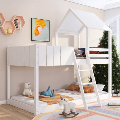 Children's Bunk Bed, Wooden Twin Beds With Safety Rail & Imitation House Roof