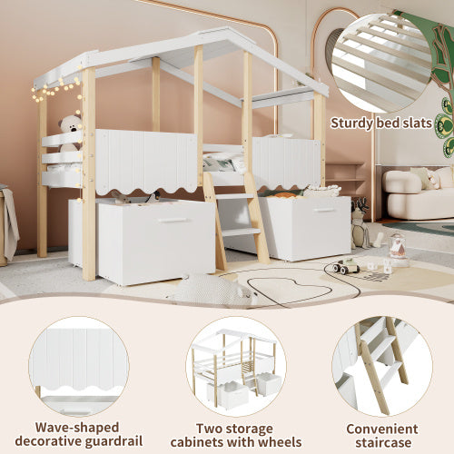 Children's House-Shape Storage Bed, Mid-Sleeper With Large Under-Bed Storage Boxes - White