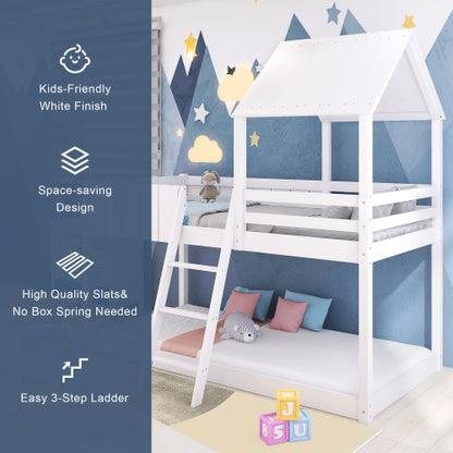 Children's Bunk Bed, Wooden Twin Beds With Safety Rail & Imitation House Roof