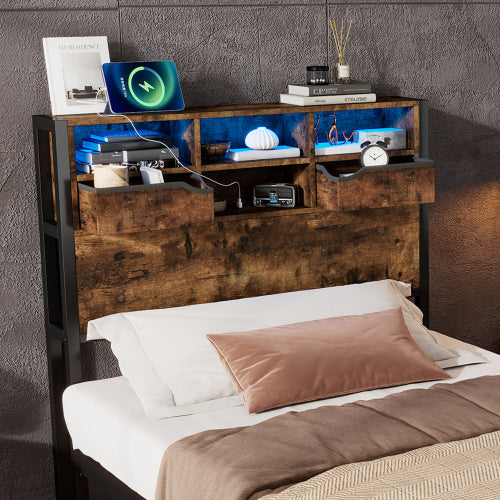 Multifunctional Single Bed, Under-Bed & Headboard Storage LED, USB & USB-C Ports, Metal Frame - Black