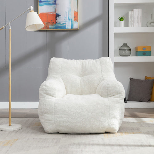 Soft Tufted Plush Foam-Filled Bean Bag Chair, Teddy Fleece Fabric, Ivory White