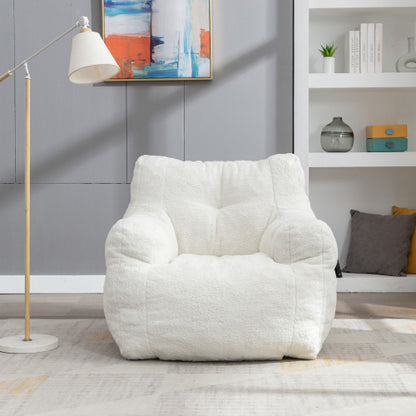 Soft Tufted Plush Foam-Filled Bean Bag Chair, Teddy Fleece Fabric, Ivory White