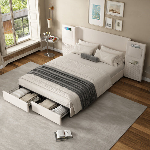 Velvet Upholstered Double Bed With Storage Drawers & Headboard Side Pockets