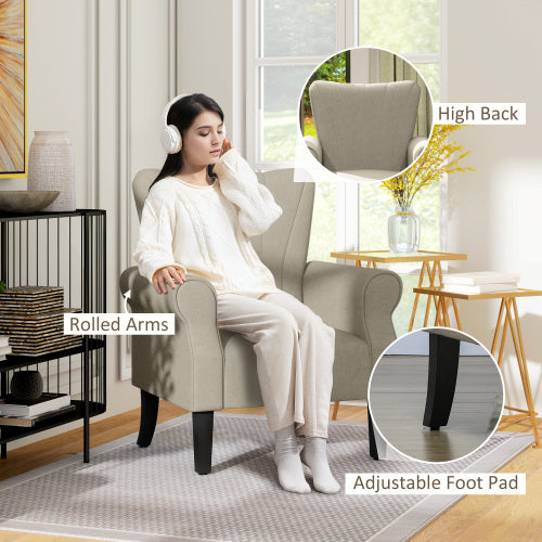 HOMCOM Upholstered Accent Chair With Rolled Arms And Solid Wood Legs - Beige