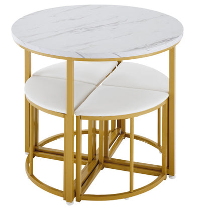 5-Piece Dining Set Marble Effect Table & 4 Padded Stools Space Saving Dining Set