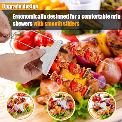 2 Pcs 3-Way Skewers Kit. Heavy Duty BBQ Kebab, Stainless Steel Accessory With Holders, Brush And Storage Bag