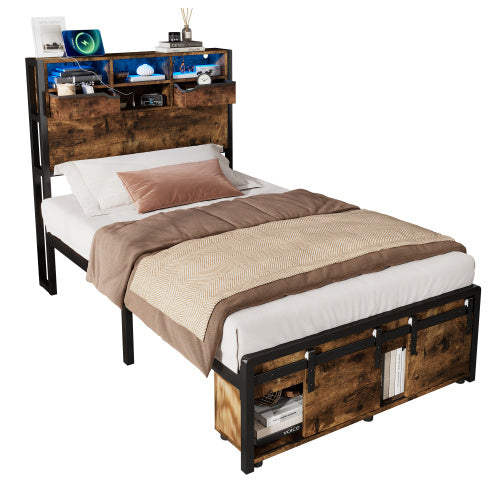 Multifunctional Single Bed, Under-Bed & Headboard Storage LED, USB & USB-C Ports, Metal Frame - Black