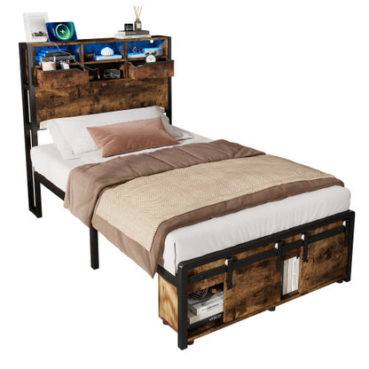 Multifunctional Single Bed, Under-Bed & Headboard Storage LED, USB & USB-C Ports, Metal Frame - Black