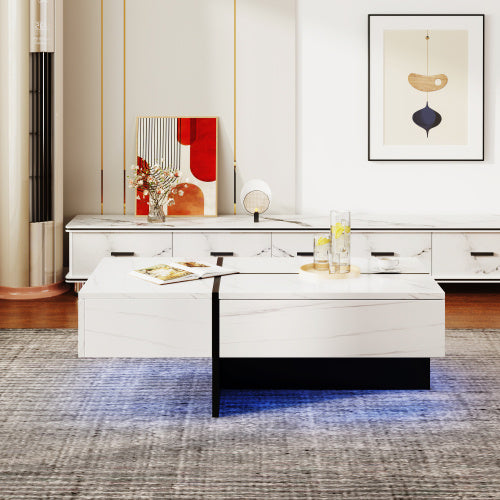 High Gloss Coffee Table, White Marble-Effect Tea Table With Black Detail & Hidden Storage