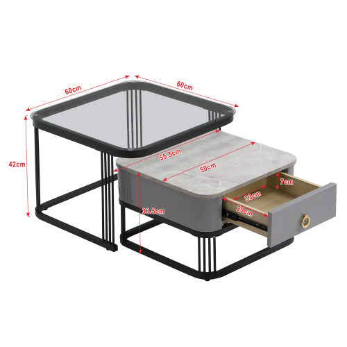 Nestable Coffee Table, High Gloss Marble Exterior/Glass Top, Gold Accents, Side Tables With Drawer. Set Of Two