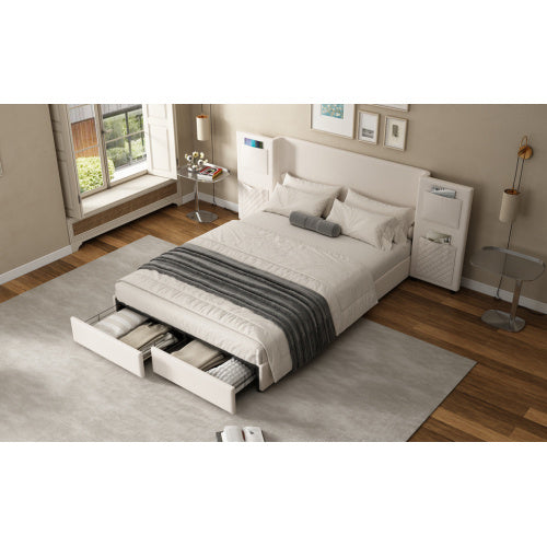 Velvet Upholstered Double Bed With Storage Drawers & Headboard Side Pockets