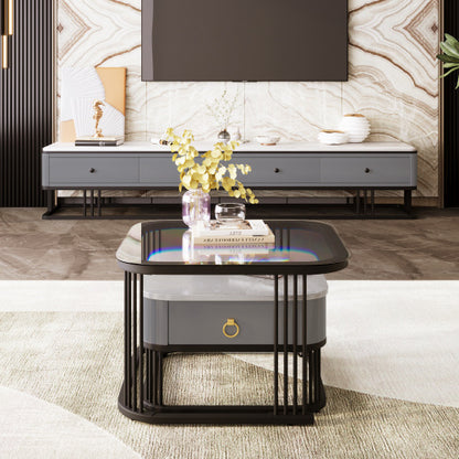 Nestable Coffee Table, High Gloss Marble Exterior/Glass Top, Gold Accents, Side Tables With Drawer. Set Of Two