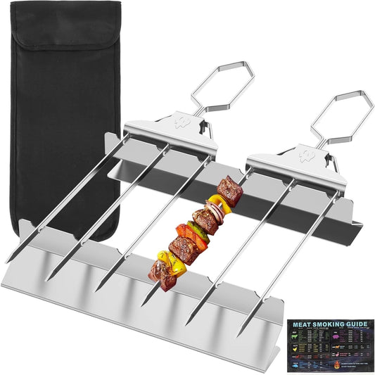 2 Pcs 3-Way Skewers Kit. Heavy Duty BBQ Kebab, Stainless Steel Accessory With Holders, Brush And Storage Bag