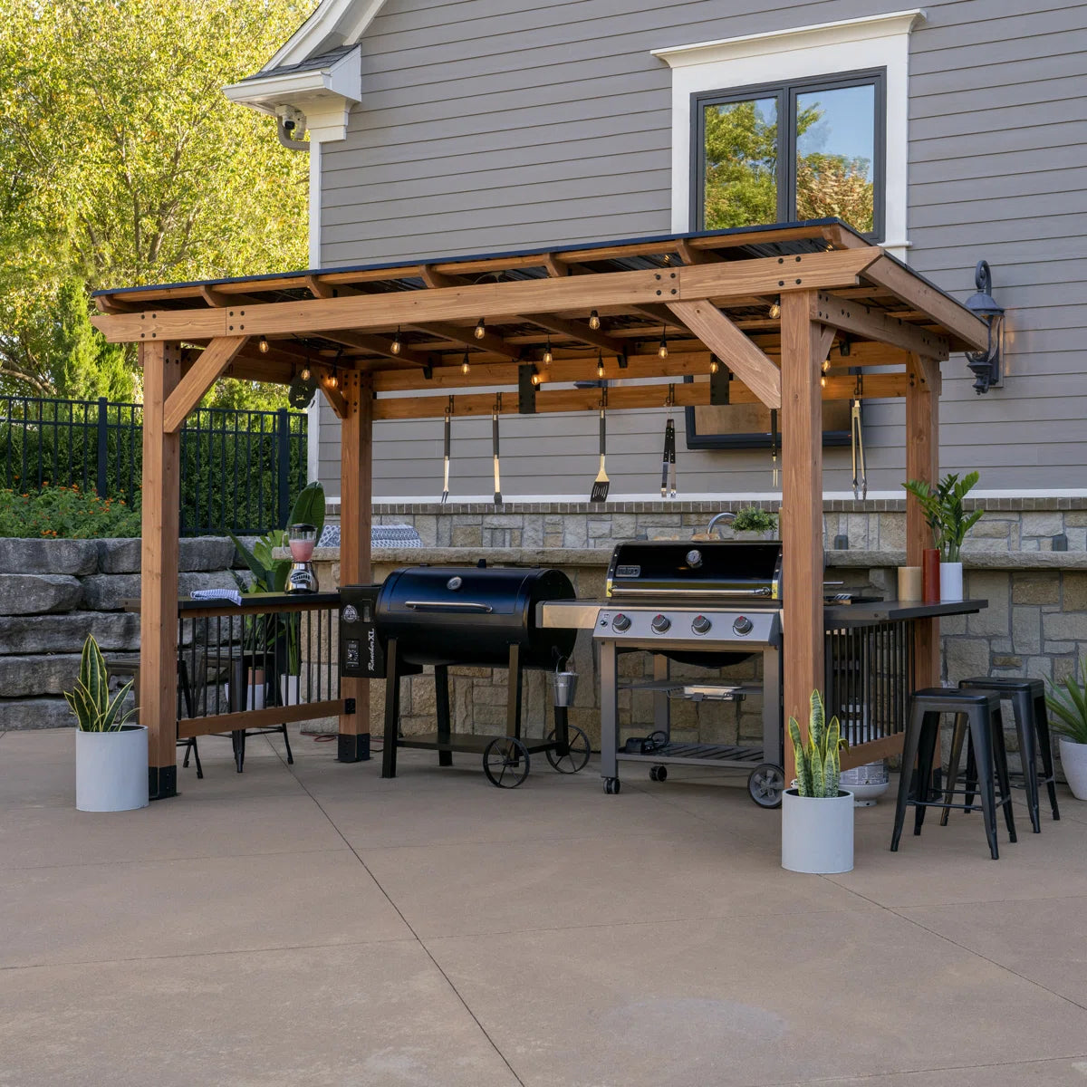 XL Cedar Wood BBQ Gazebo with Steel Roof – All-Weather Outdoor Barbecue Shelter with Counters & Hooks