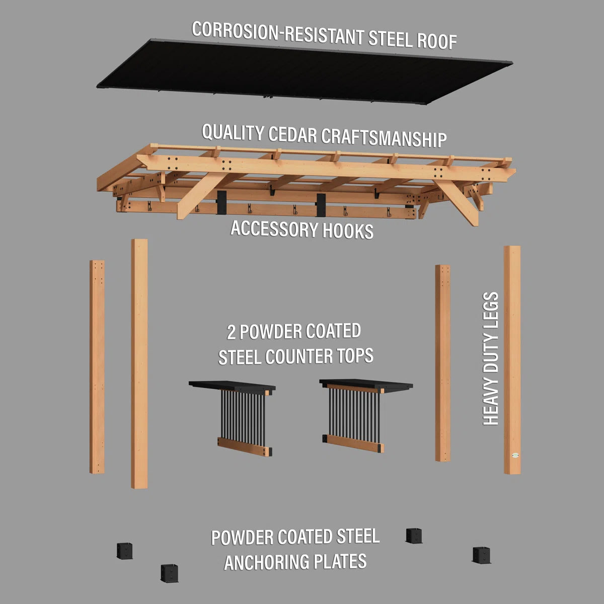 XL Cedar Wood BBQ Gazebo with Steel Roof – All-Weather Outdoor Barbecue Shelter with Counters & Hooks