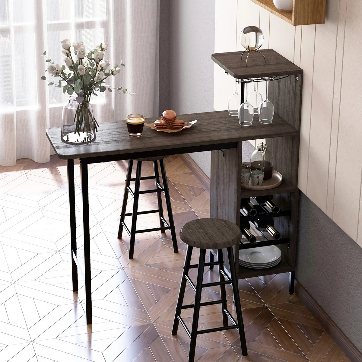 Rustic 3-Piece Bar Table & Chair Set – Industrial Home Pub Table with Storage Shelves, Wine Rack & Stools