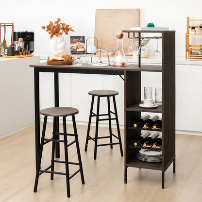 Rustic 3-Piece Bar Table & Chair Set – Industrial Home Pub Table with Storage Shelves, Wine Rack & Stools
