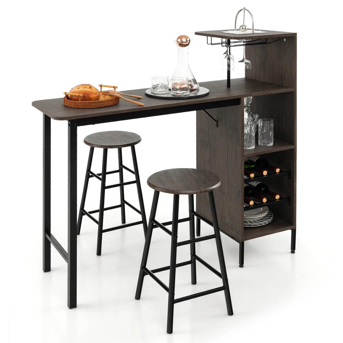 Rustic 3-Piece Bar Table & Chair Set – Industrial Home Pub Table with Storage Shelves, Wine Rack & Stools