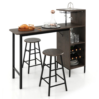 Rustic 3-Piece Bar Table & Chair Set – Industrial Home Pub Table with Storage Shelves, Wine Rack & Stools