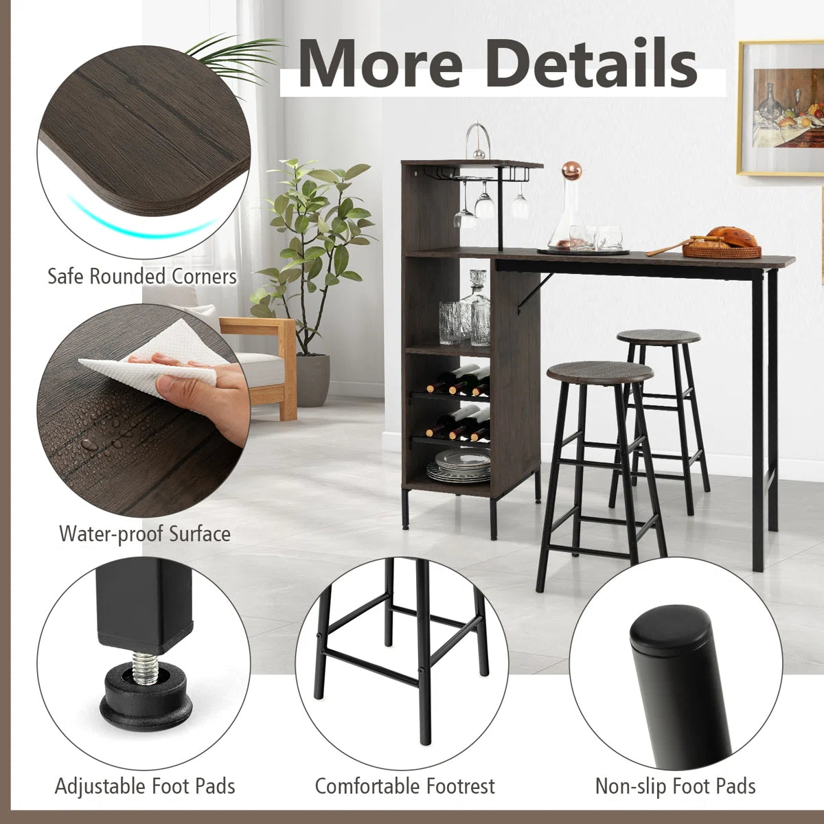 Rustic 3-Piece Bar Table & Chair Set – Industrial Home Pub Table with Storage Shelves, Wine Rack & Stools