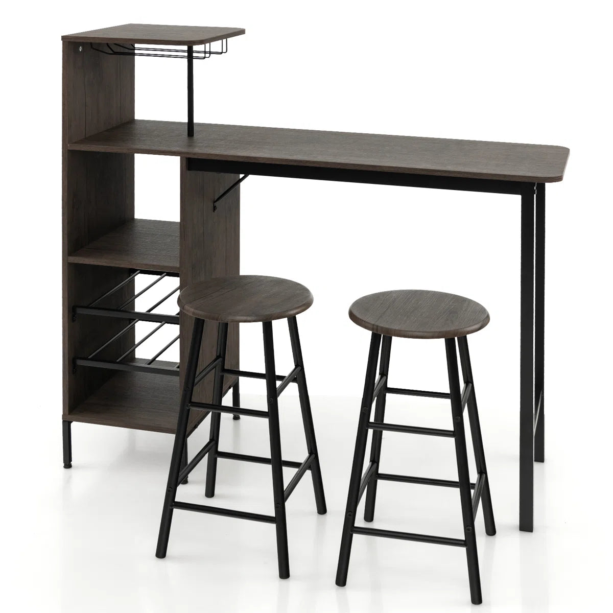 Rustic 3-Piece Bar Table & Chair Set – Industrial Home Pub Table with Storage Shelves, Wine Rack & Stools