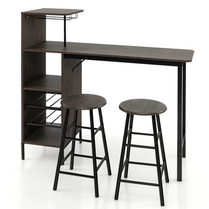 Rustic 3-Piece Bar Table & Chair Set – Industrial Home Pub Table with Storage Shelves, Wine Rack & Stools