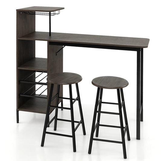 Rustic 3-Piece Bar Table & Chair Set – Industrial Home Pub Table with Storage Shelves, Wine Rack & Stools