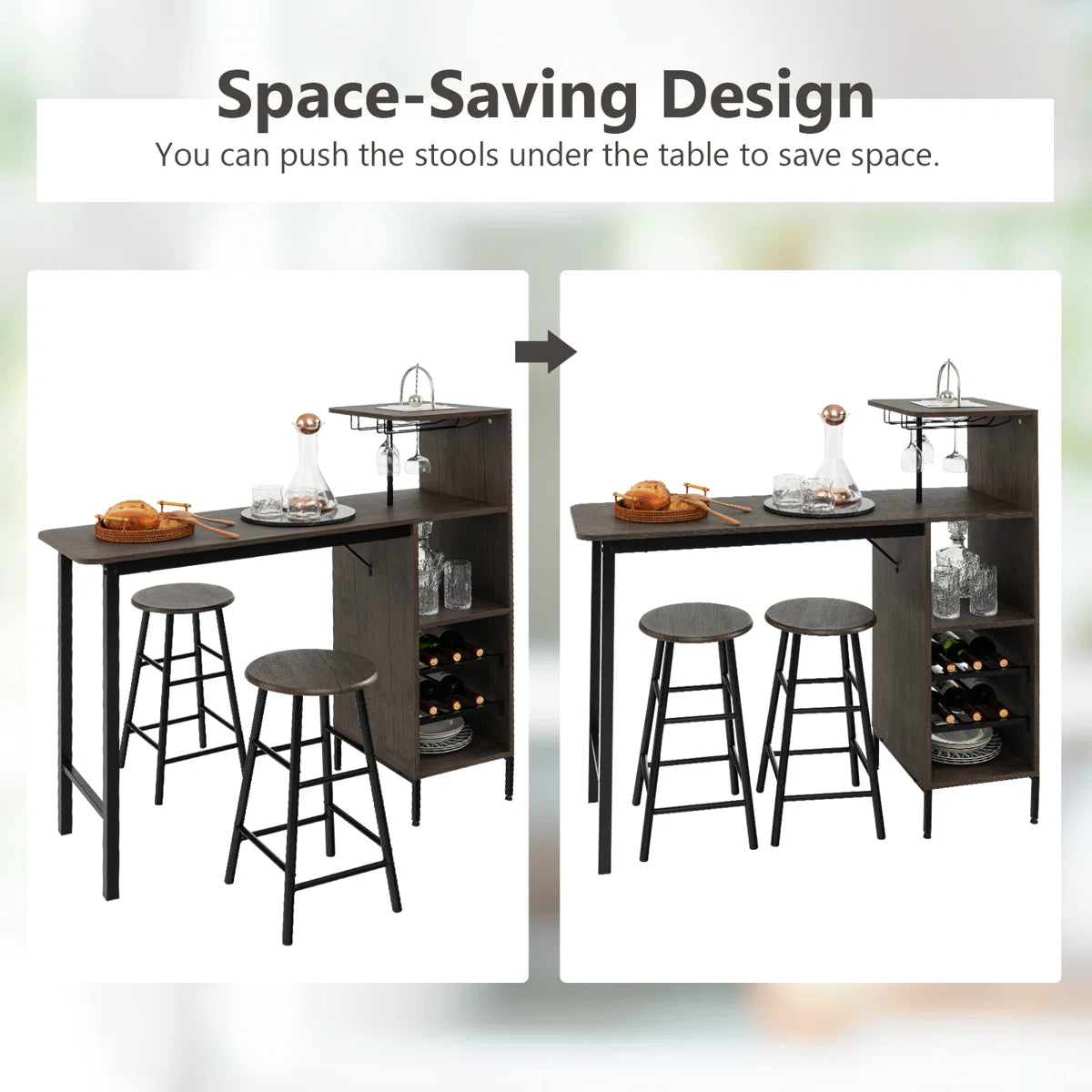 Rustic 3-Piece Bar Table & Chair Set – Industrial Home Pub Table with Storage Shelves, Wine Rack & Stools