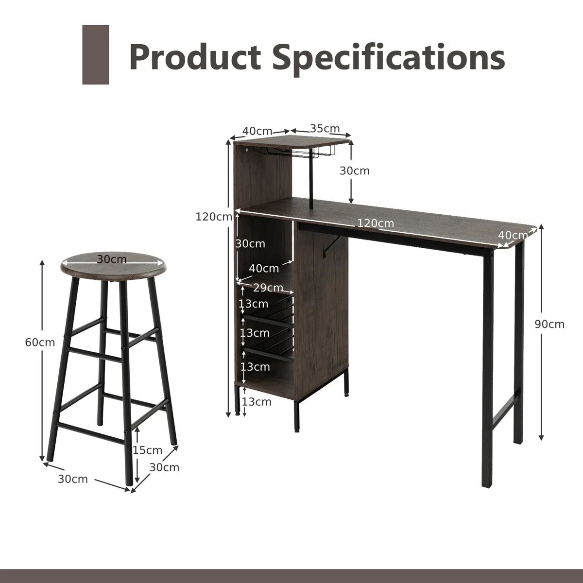 Rustic 3-Piece Bar Table & Chair Set – Industrial Home Pub Table with Storage Shelves, Wine Rack & Stools