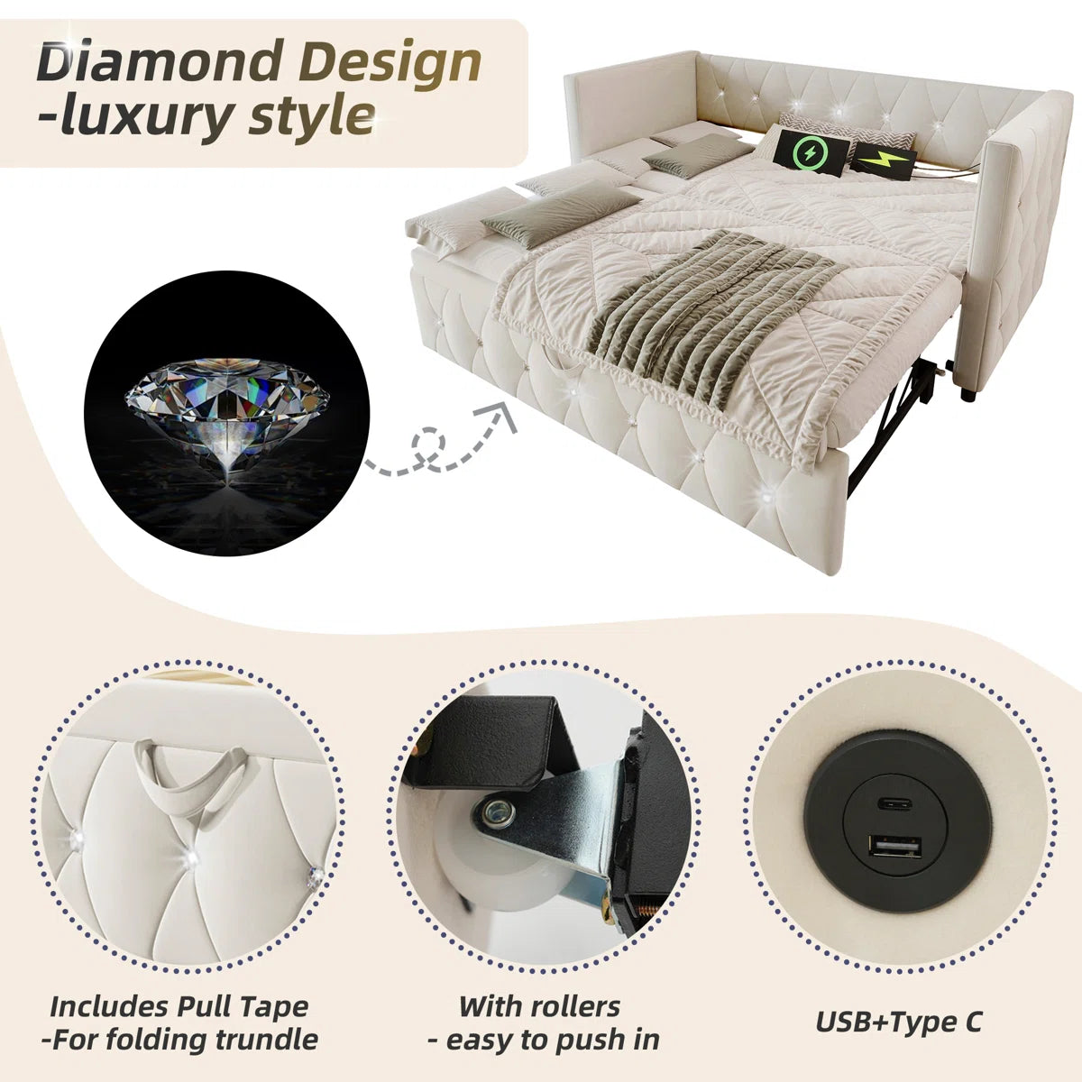 Luxurious Day Bed. Diamond Tufted Velvet Upholstery With Pull-Out Trundle Bed, USB Ports Beige/Grey