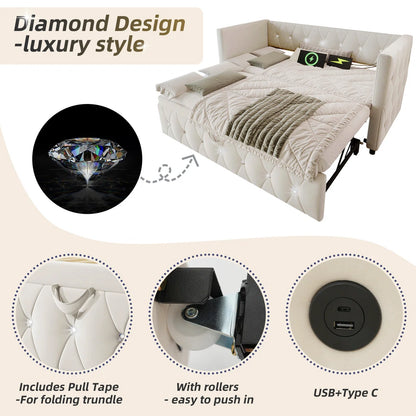 Luxurious Day Bed. Diamond Tufted Velvet Upholstery With Pull-Out Trundle Bed, USB Ports Beige/Grey