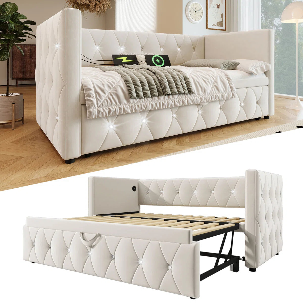 Luxurious Day Bed. Diamond Tufted Velvet Upholstery With Pull-Out Trundle Bed, USB Ports Beige/Grey