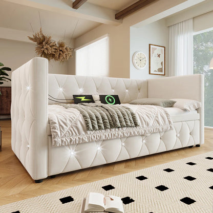 Luxurious Day Bed. Diamond Tufted Velvet Upholstery With Pull-Out Trundle Bed, USB Ports Beige/Grey