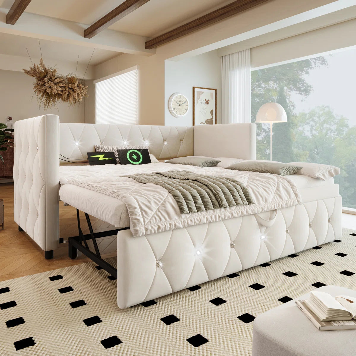 Luxurious Day Bed. Diamond Tufted Velvet Upholstery With Pull-Out Trundle Bed, USB Ports Beige/Grey