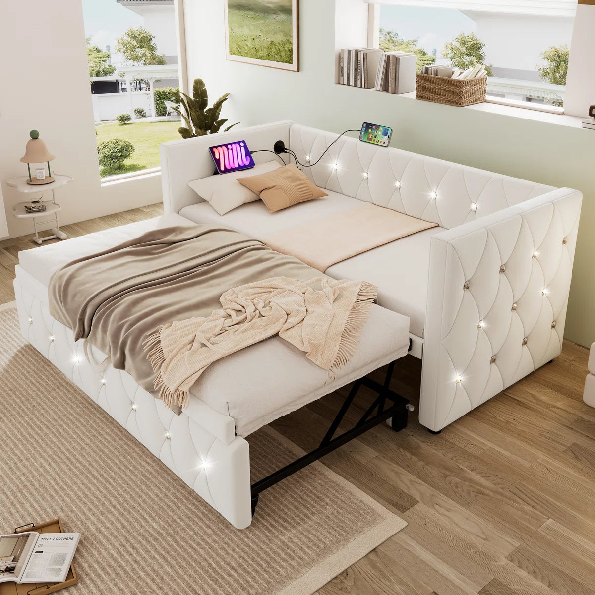 Luxurious Day Bed. Diamond Tufted Velvet Upholstery With Pull-Out Trundle Bed, USB Ports Beige/Grey