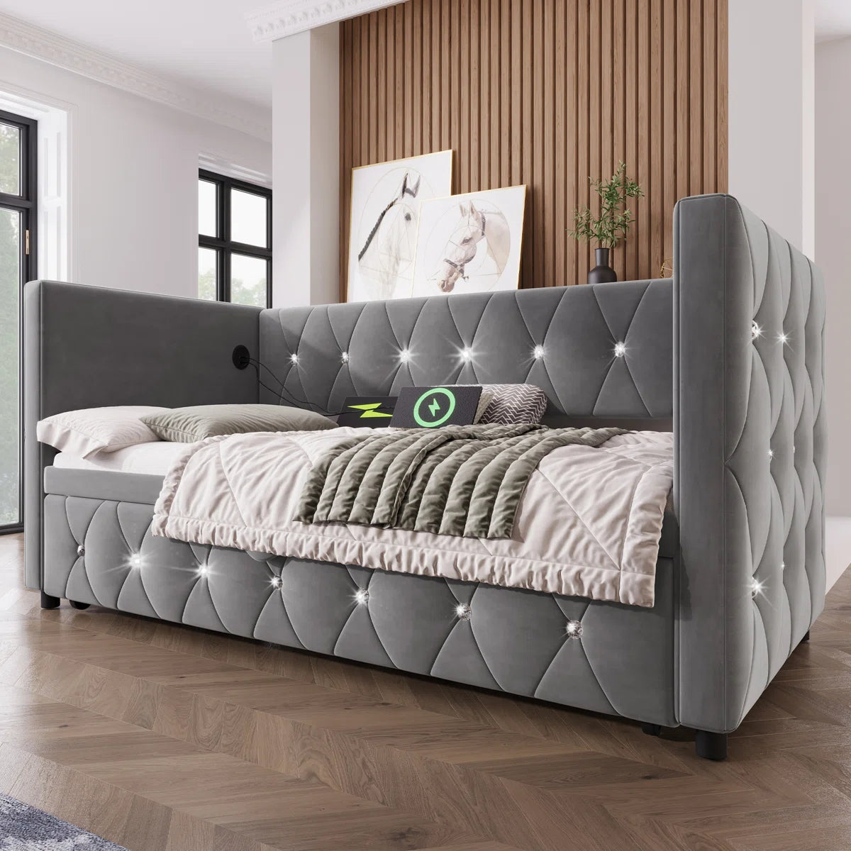 Luxurious Day Bed. Diamond Tufted Velvet Upholstery With Pull-Out Trundle Bed, USB Ports Beige/Grey