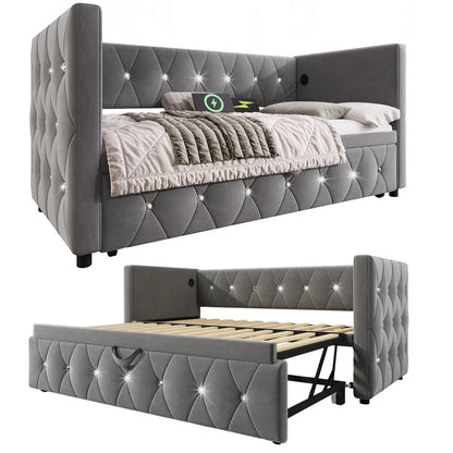 Luxurious Day Bed. Diamond Tufted Velvet Upholstery With Pull-Out Trundle Bed, USB Ports Beige/Grey