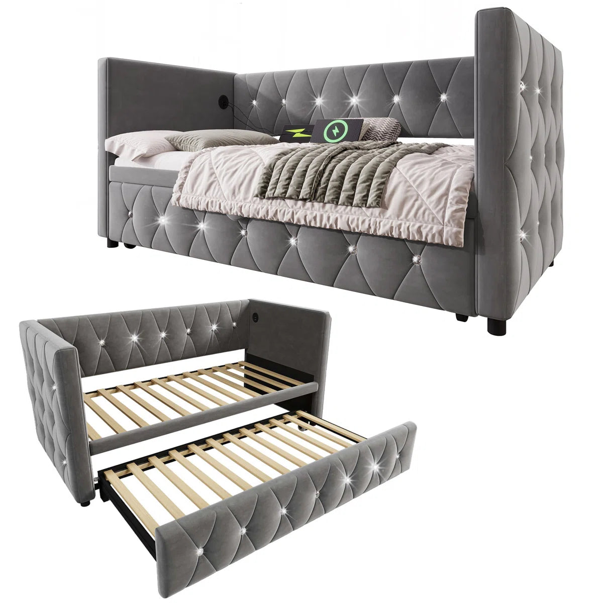 Luxurious Day Bed. Diamond Tufted Velvet Upholstery With Pull-Out Trundle Bed, USB Ports Beige/Grey