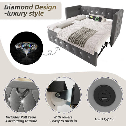 Luxurious Day Bed. Diamond Tufted Velvet Upholstery With Pull-Out Trundle Bed, USB Ports Beige/Grey