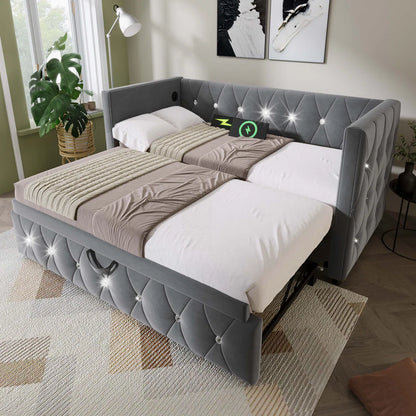 Luxurious Day Bed. Diamond Tufted Velvet Upholstery With Pull-Out Trundle Bed, USB Ports Beige/Grey