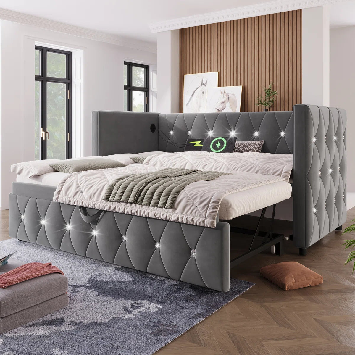 Luxurious Day Bed. Diamond Tufted Velvet Upholstery With Pull-Out Trundle Bed, USB Ports Beige/Grey