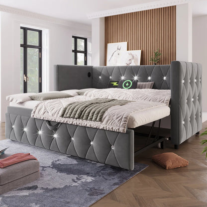 Luxurious Day Bed. Diamond Tufted Velvet Upholstery With Pull-Out Trundle Bed, USB Ports Beige/Grey