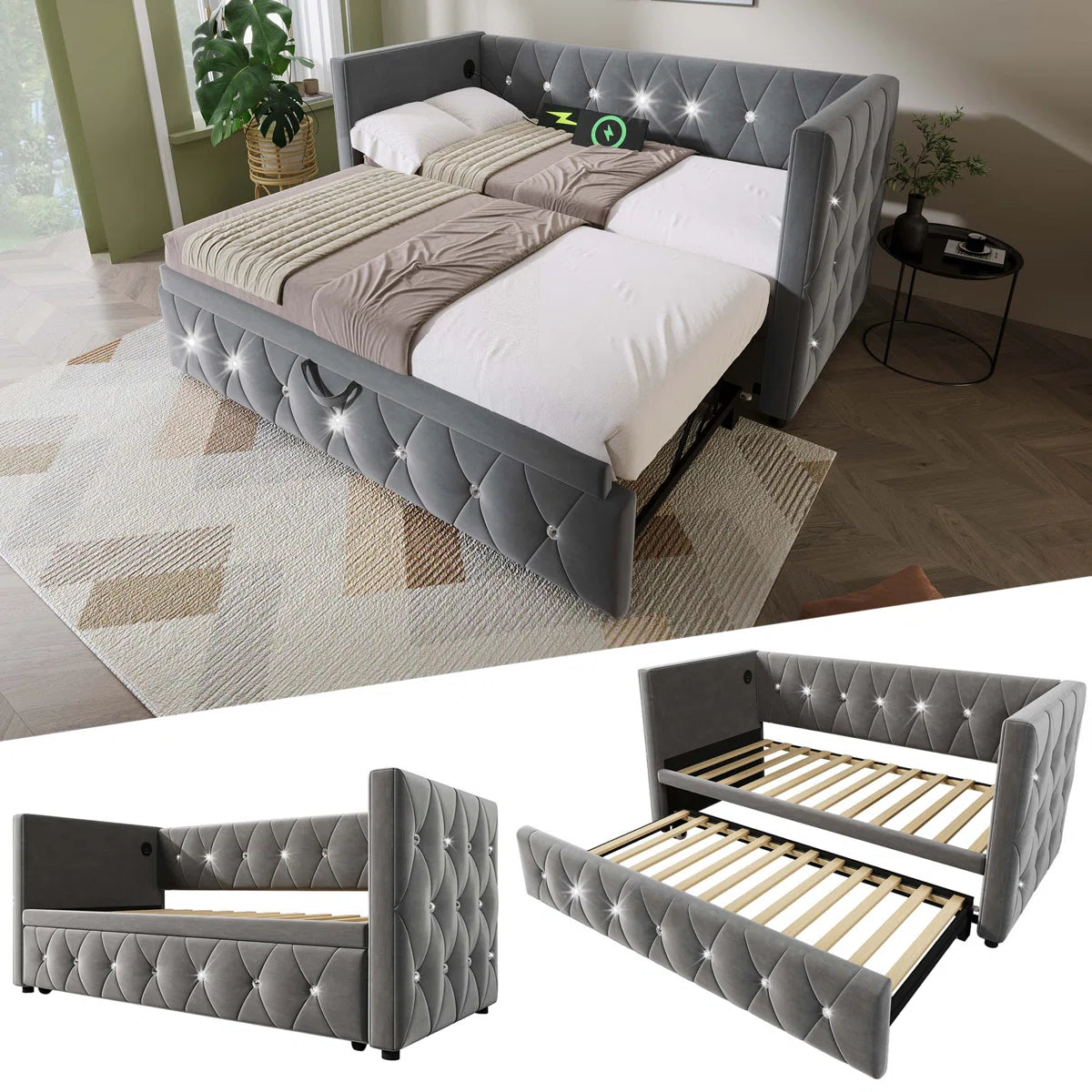 Luxurious Day Bed. Diamond Tufted Velvet Upholstery With Pull-Out Trundle Bed, USB Ports Beige/Grey