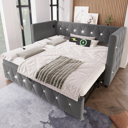 Luxurious Day Bed. Diamond Tufted Velvet Upholstery With Pull-Out Trundle Bed, USB Ports Beige/Grey