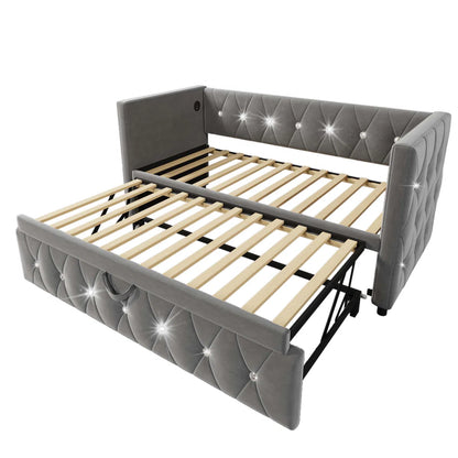 Luxurious Day Bed. Diamond Tufted Velvet Upholstery With Pull-Out Trundle Bed, USB Ports Beige/Grey