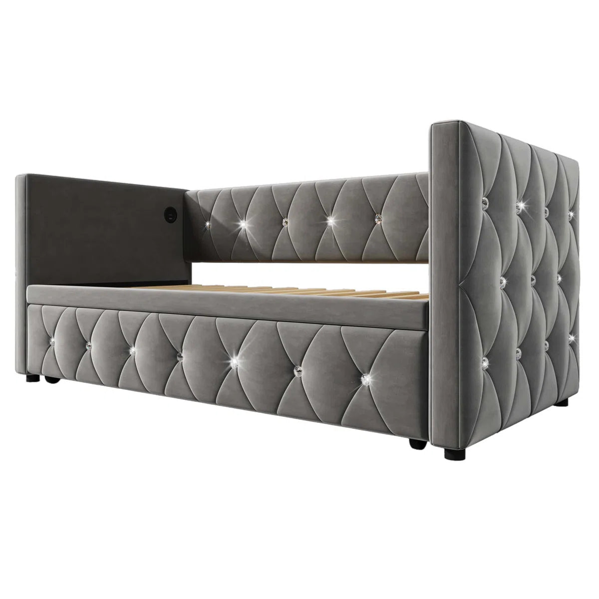 Luxurious Day Bed. Diamond Tufted Velvet Upholstery With Pull-Out Trundle Bed, USB Ports Beige/Grey